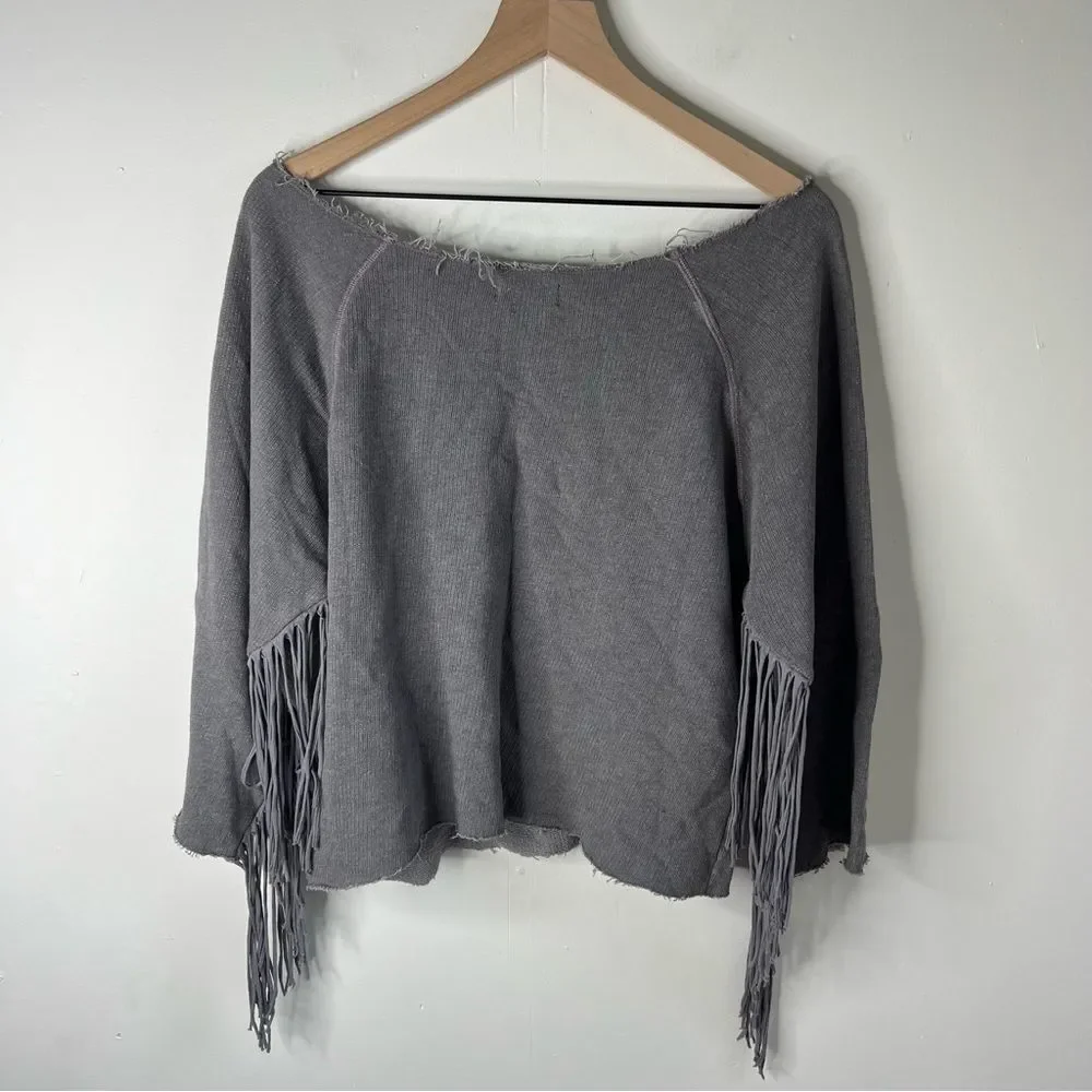 Hollywood Trading Company Gray Fringe Raw Hem Sweatshirt Large - Picture 7 of 12